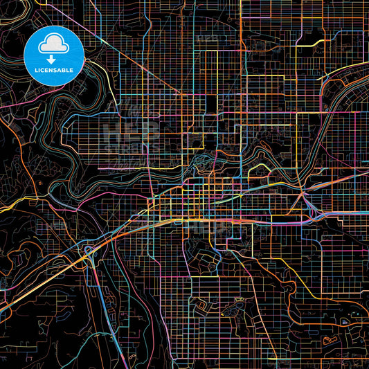Spokane, Washington, United States, colorful city map on black background