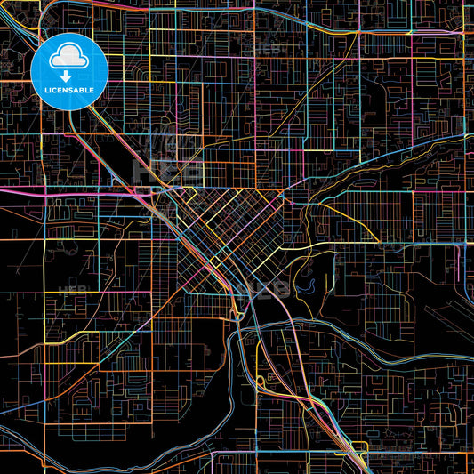 Modesto, California, United States, colorful city map on black background