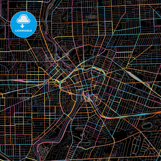 Rochester, New York, United States, colorful city map on black background