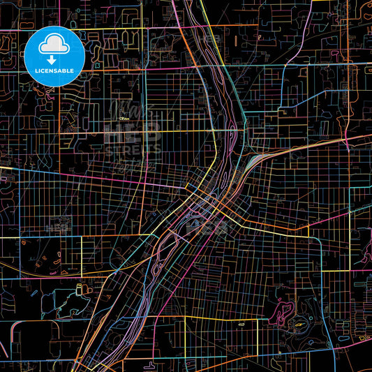 Aurora, Illinois, United States, colorful city map on black background