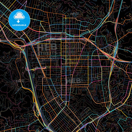 Glendale, California, United States, colorful city map on black background