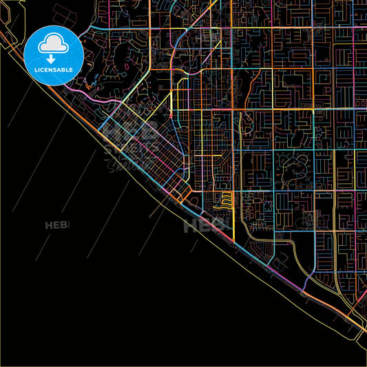 Huntington Beach, California, United States, colorful city map on black background