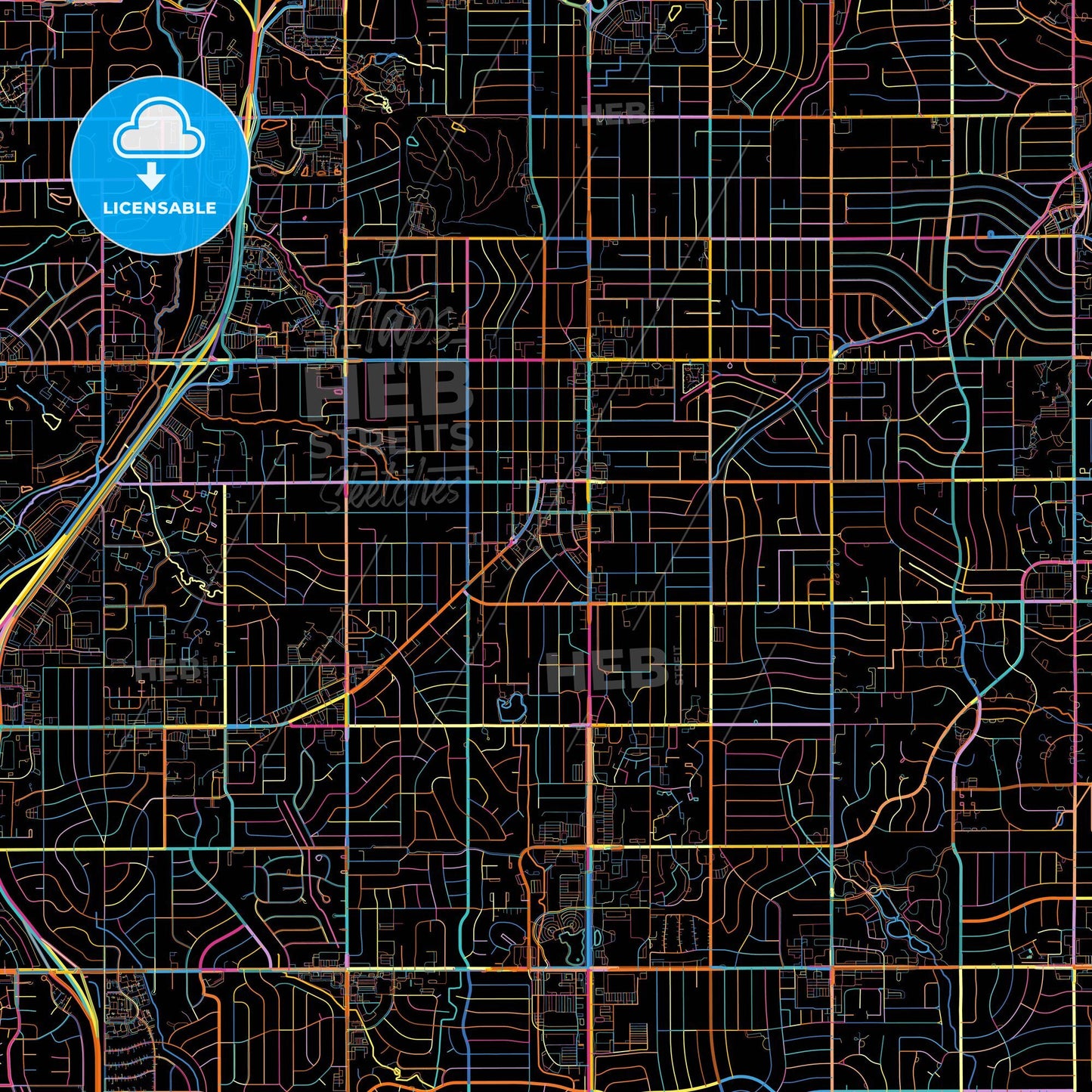 Overland Park, Kansas, United States, colorful city map on black background