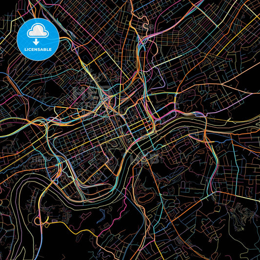 Knoxville, Tennessee, United States, colorful city map on black background