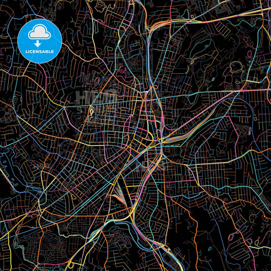 Worcester, Massachusetts, United States, colorful city map on black background