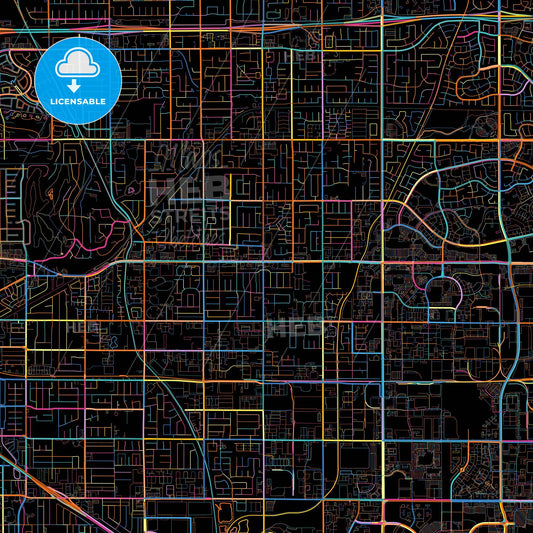 Rancho Cucamonga, California, United States, colorful city map on black background