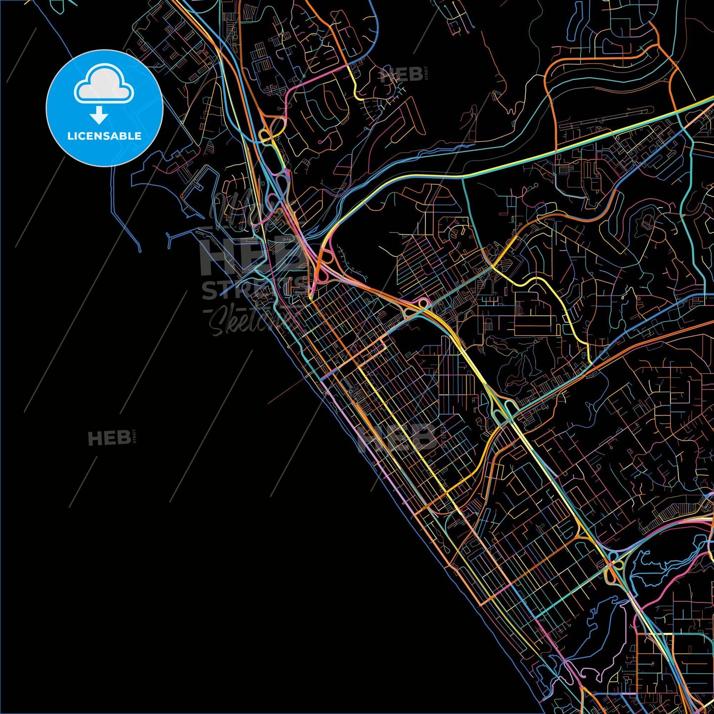 Oceanside, California, United States, colorful city map on black background