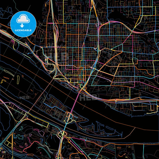 Vancouver, Washington, United States, colorful city map on black background