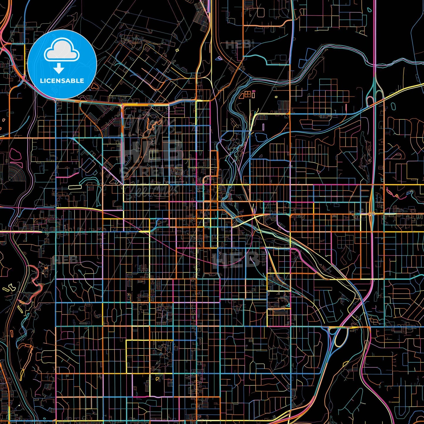 Sioux Falls, South Dakota, United States, colorful city map on black background