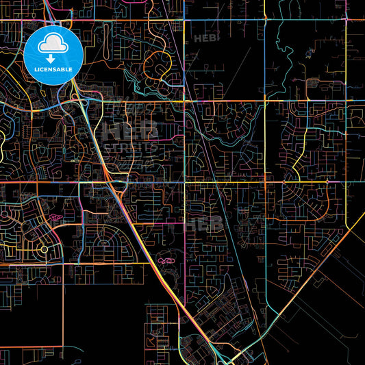 Elk Grove, California, United States, colorful city map on black background