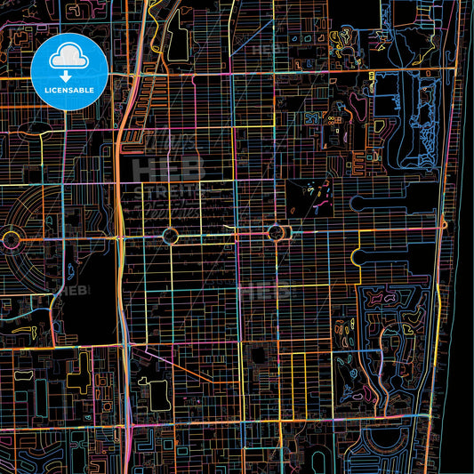 Hollywood, Florida, United States, colorful city map on black background
