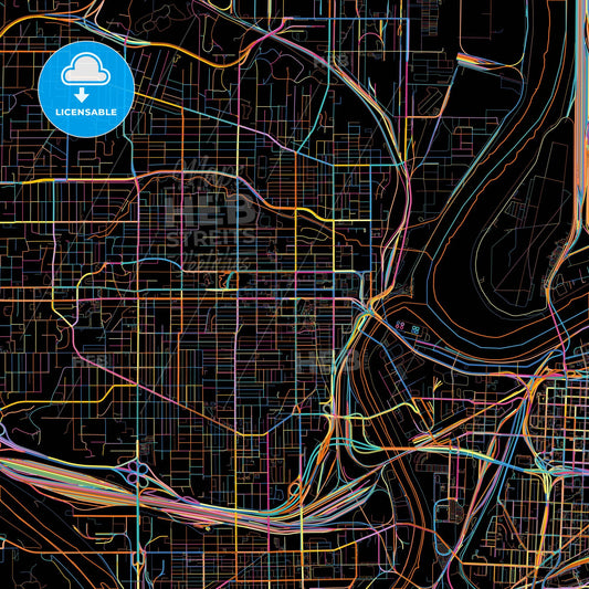 Kansas City, Kansas, United States, colorful city map on black background