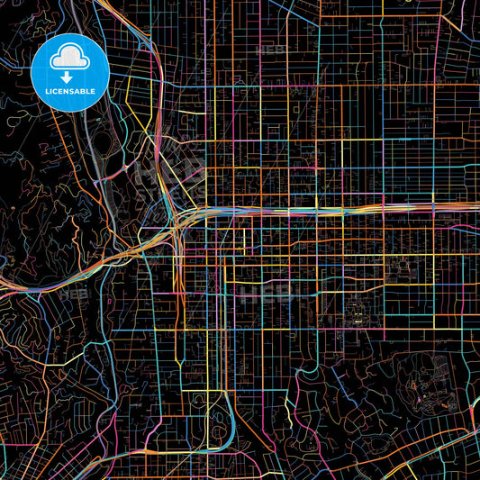 Pasadena, California, United States, colorful city map on black background