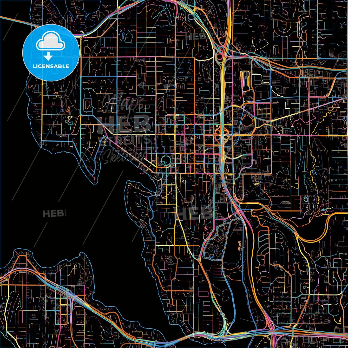 Bellevue, Washington, United States, colorful city map on black background