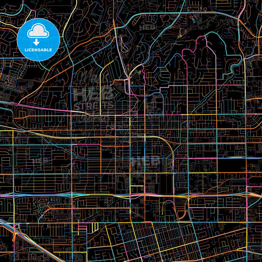 Fullerton, California, United States, colorful city map on black background