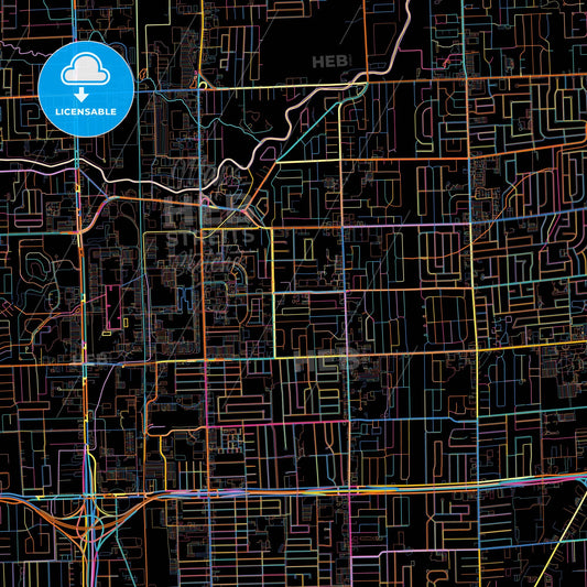 Warren, Michigan, United States, colorful city map on black background