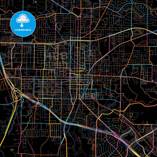 Denton, Texas, United States, colorful city map on black background