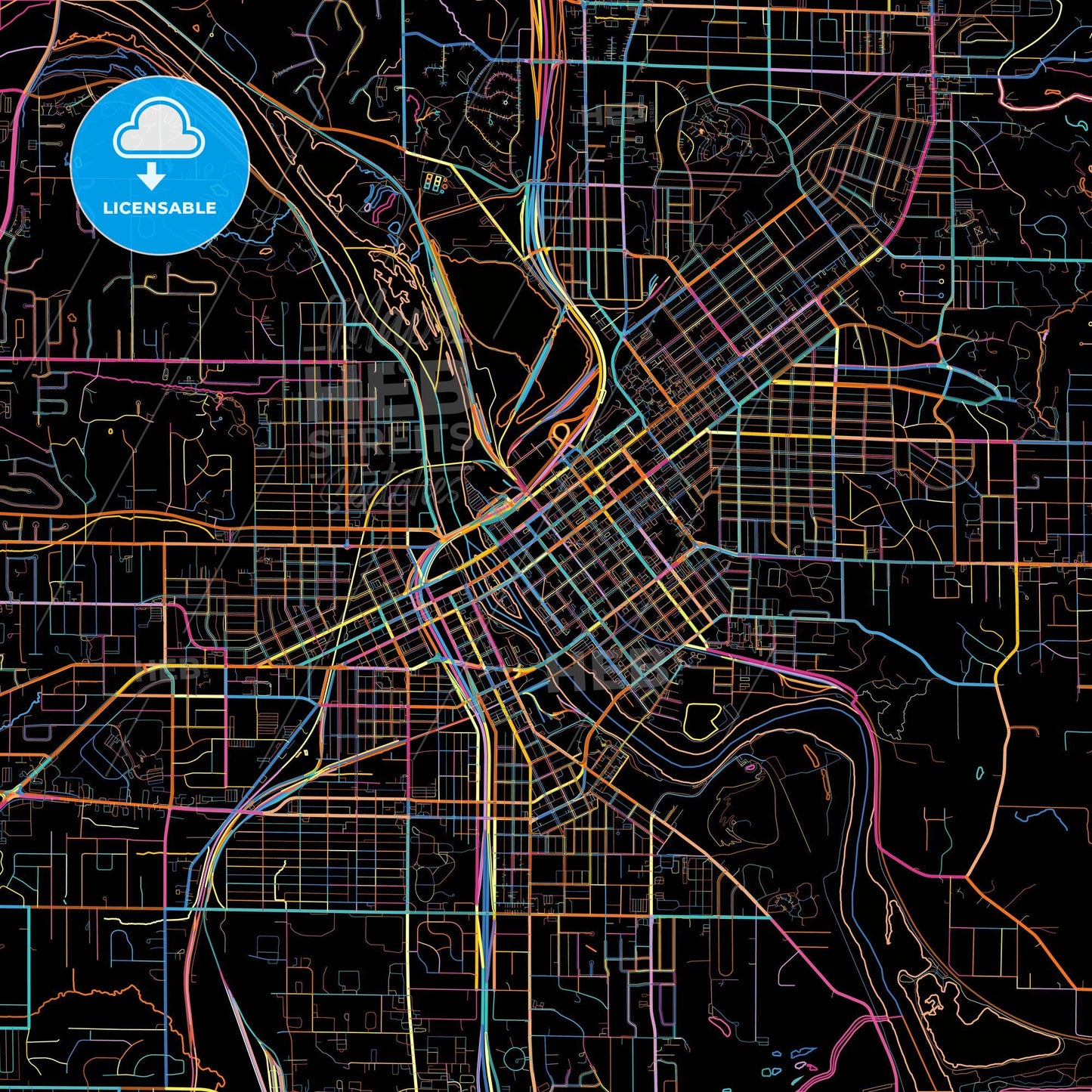 Cedar Rapids, Iowa, United States, colorful city map on black background