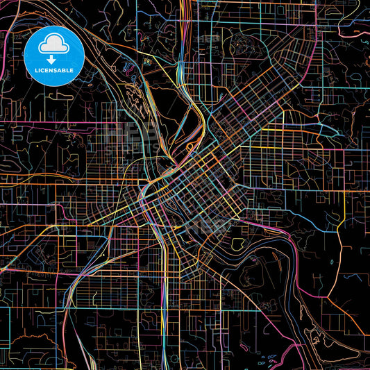 Cedar Rapids, Iowa, United States, colorful city map on black background