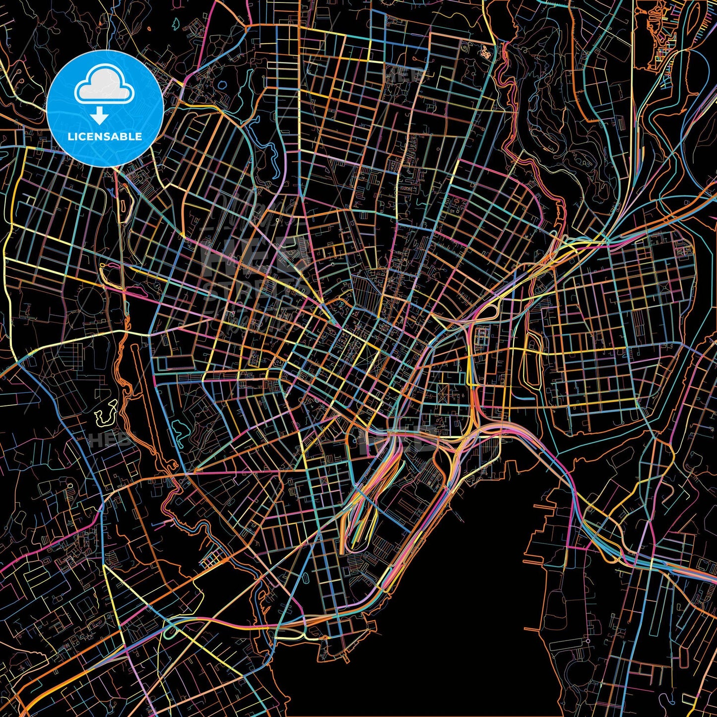 New Haven, Connecticut, United States, colorful city map on black background