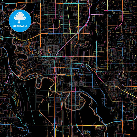Kent, Washington, United States, colorful city map on black background