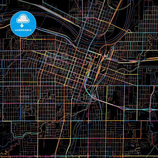 Topeka, Kansas, United States, colorful city map on black background