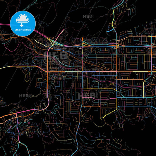 Simi Valley, California, United States, colorful city map on black background