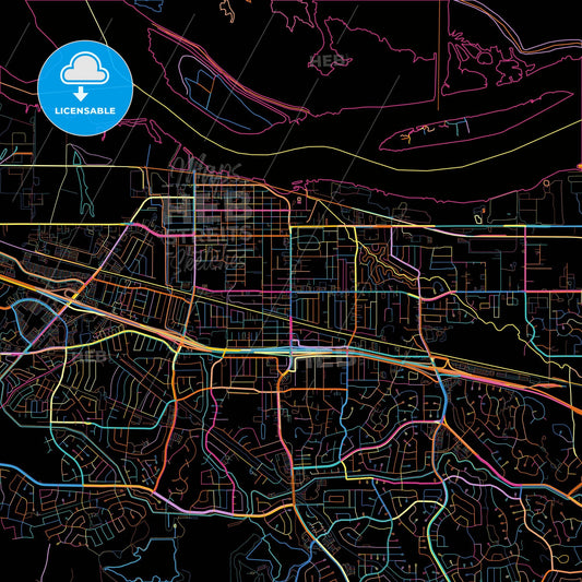 Antioch, California, United States, colorful city map on black background