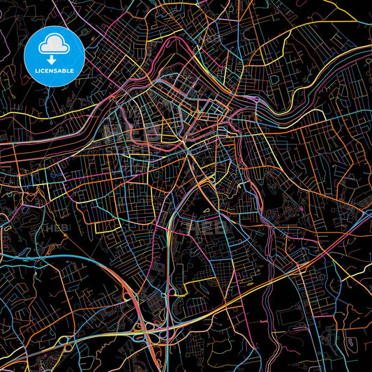 Lowell, Massachusetts, United States, colorful city map on black background