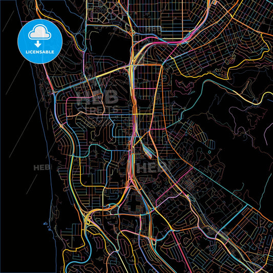 Daly City, California, United States, colorful city map on black background