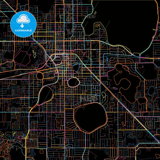 Lakeland, Florida, United States, colorful city map on black background