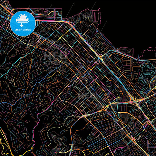 San Mateo, California, United States, colorful city map on black background