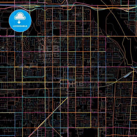 Rialto, California, United States, colorful city map on black background