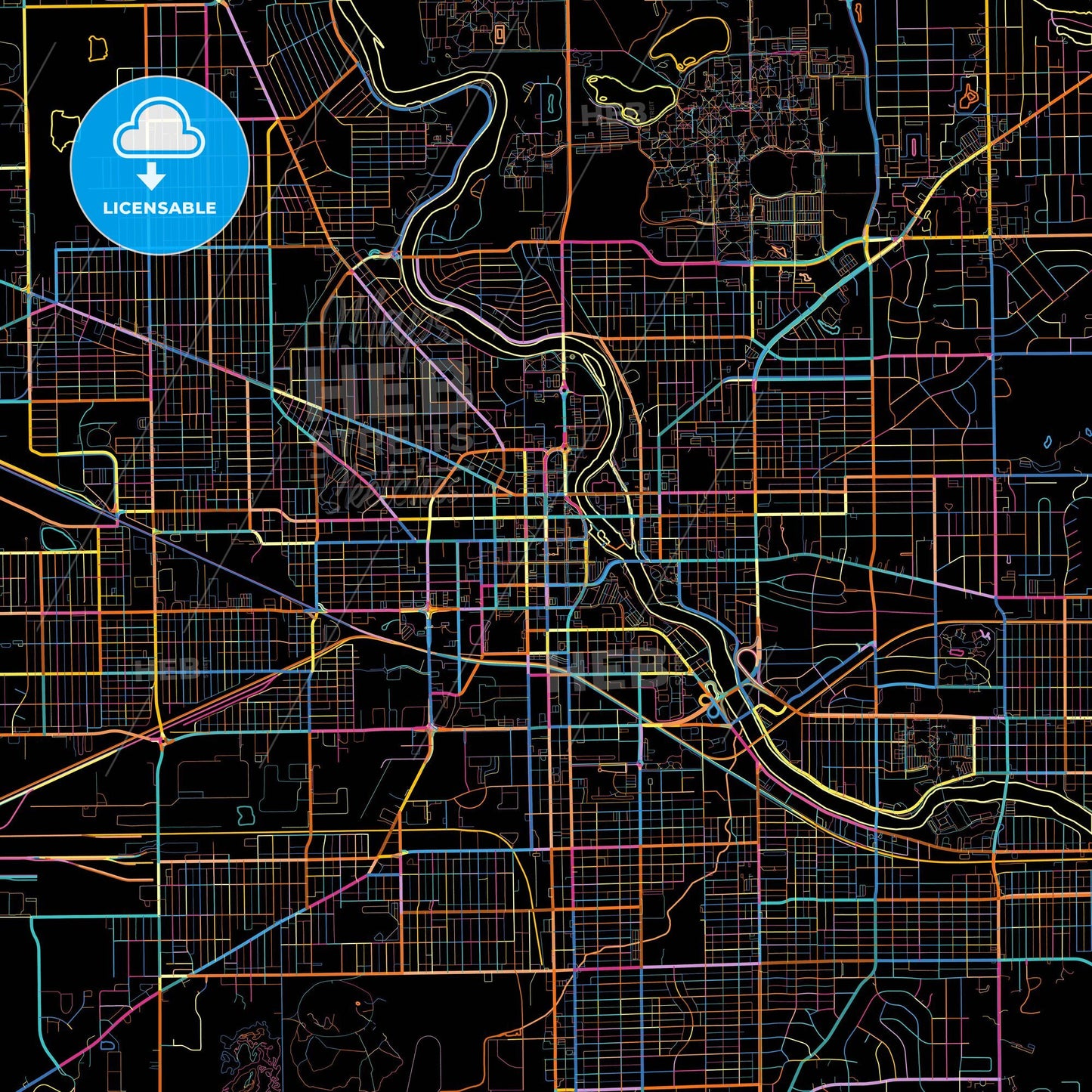 South Bend, Indiana, United States, colorful city map on black background