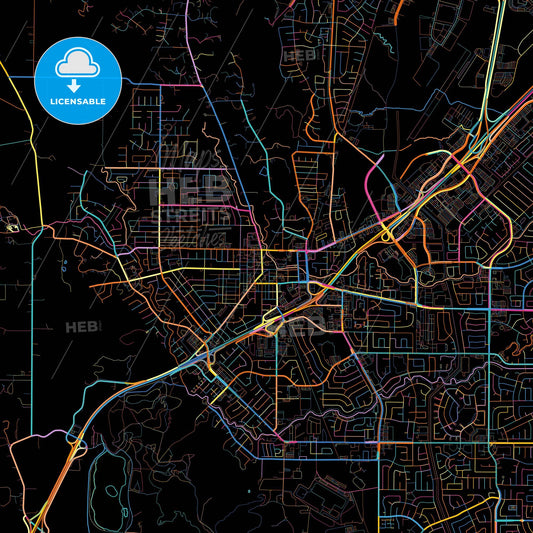Vacaville, California, United States, colorful city map on black background