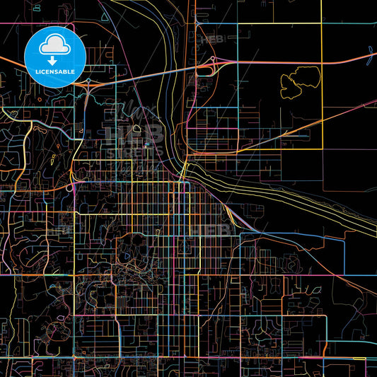 Lawrence, Kansas, United States, colorful city map on black background