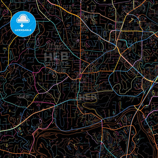 Roswell, Georgia, United States, colorful city map on black background