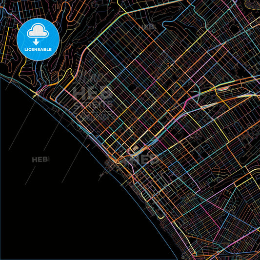 Santa Monica, California, United States, colorful city map on black background