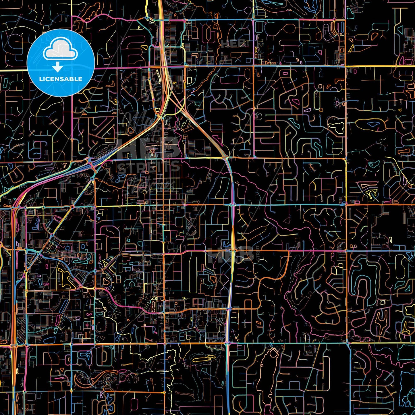 Carmel, Indiana, United States, colorful city map on black background