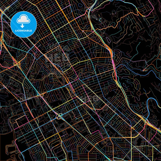 San Leandro, California, United States, colorful city map on black background