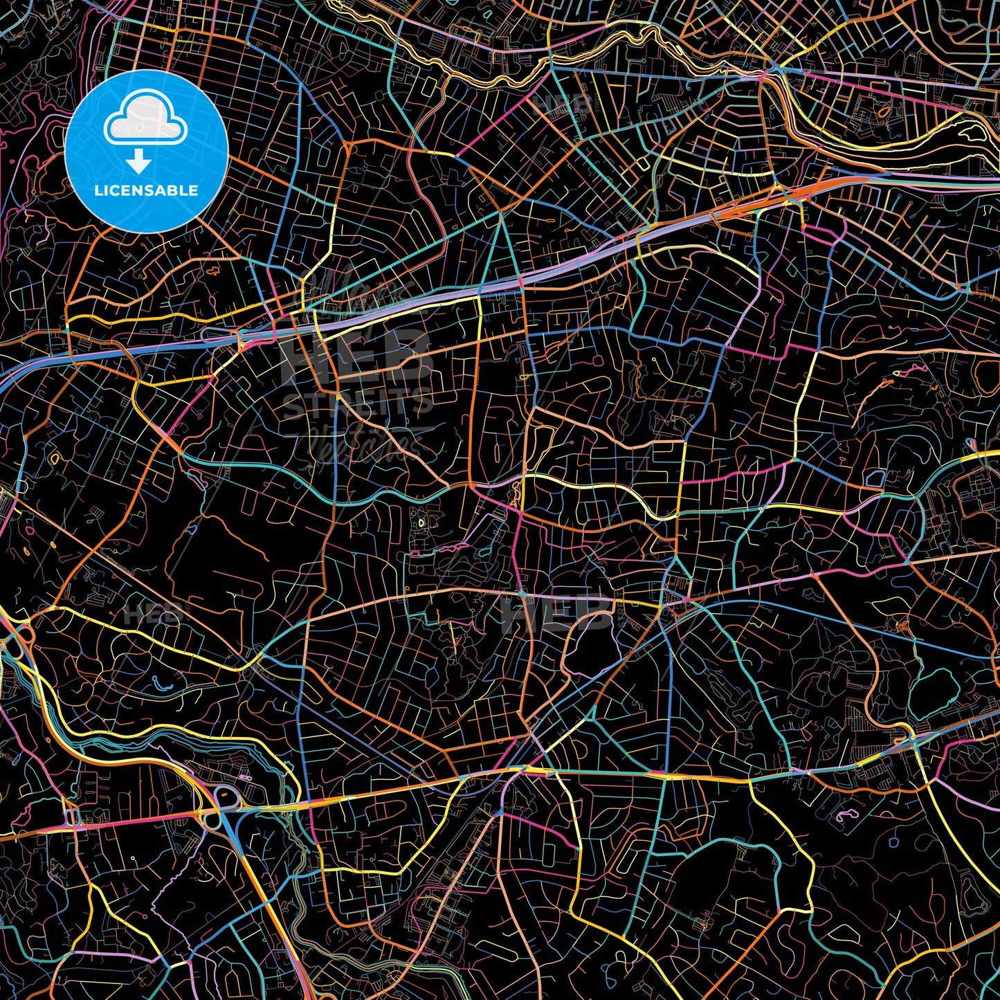 Newton, Massachusetts, United States, colorful city map on black background