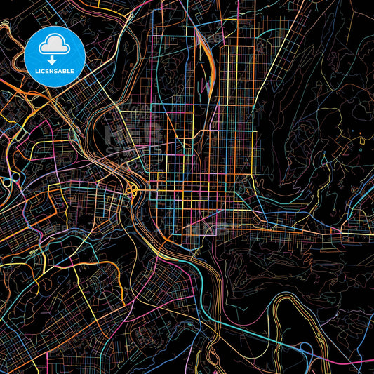 Reading, Pennsylvania, United States, colorful city map on black background
