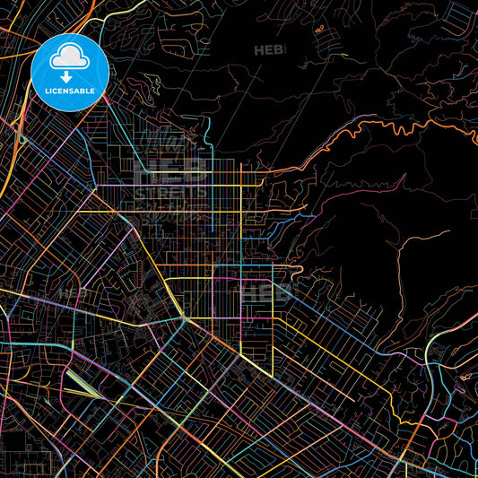 Whittier, California, United States, colorful city map on black background