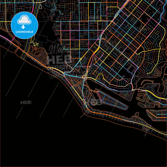 Newport Beach, California, United States, colorful city map on black background