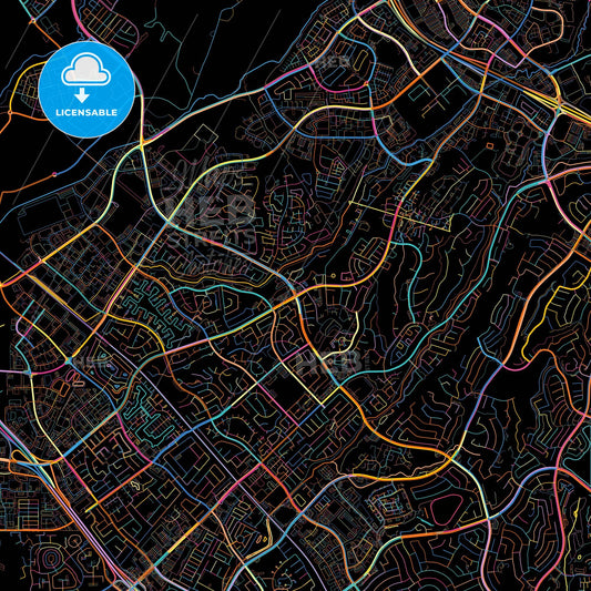 Lake Forest, California, United States, colorful city map on black background