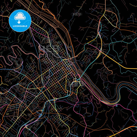 Lynchburg, Virginia, United States, colorful city map on black background