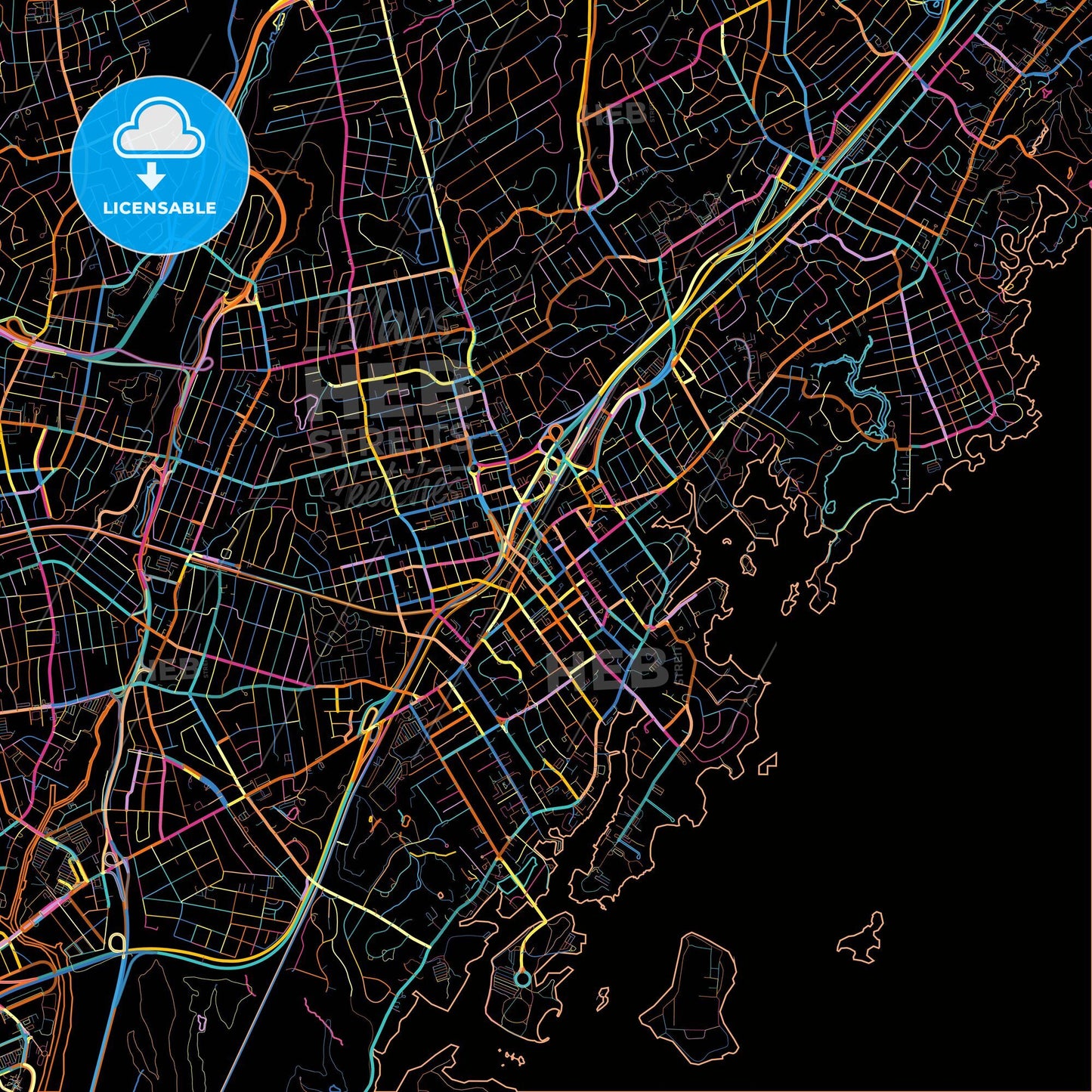 New Rochelle, New York, United States, colorful city map on black background