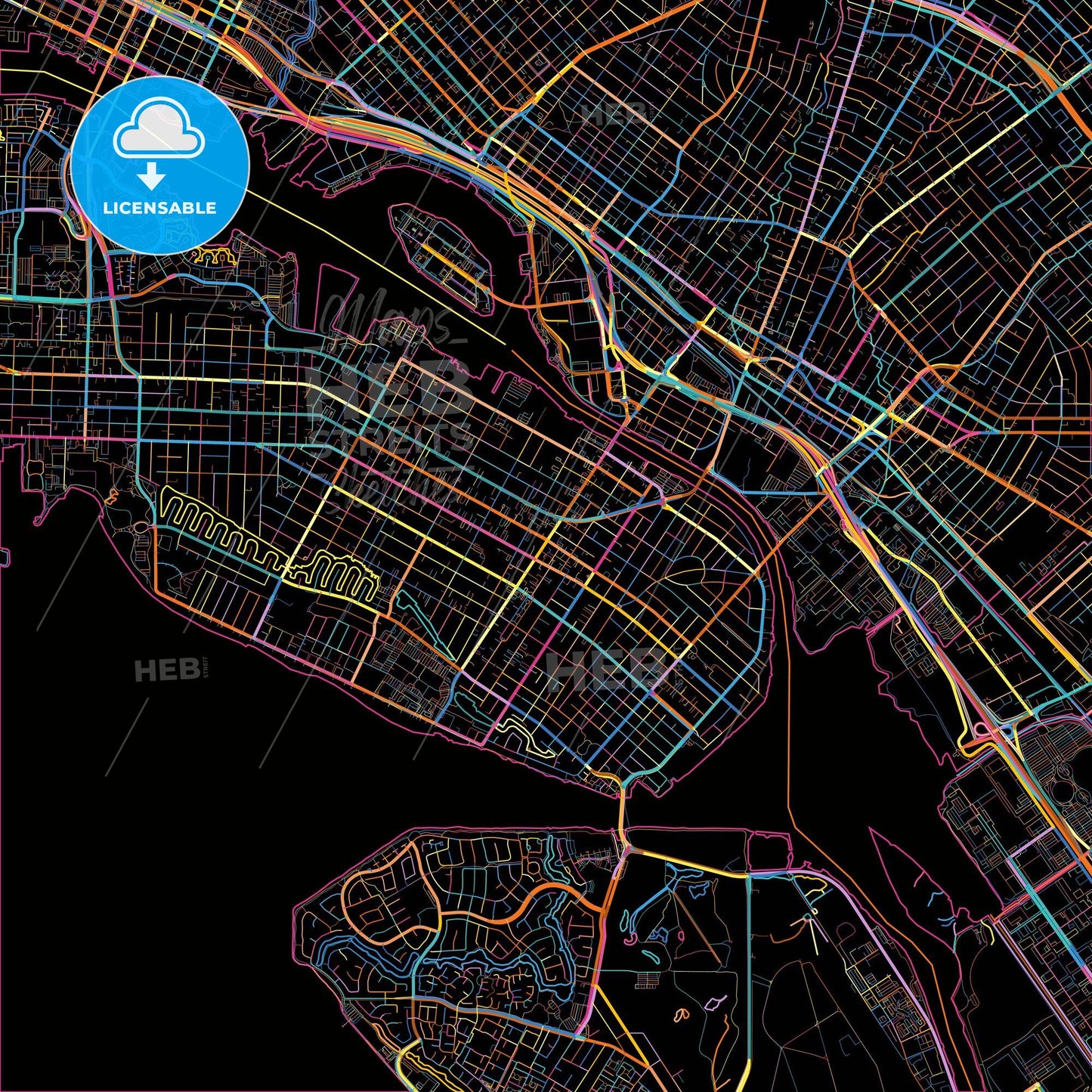 Alameda, California, United States, colorful city map on black background