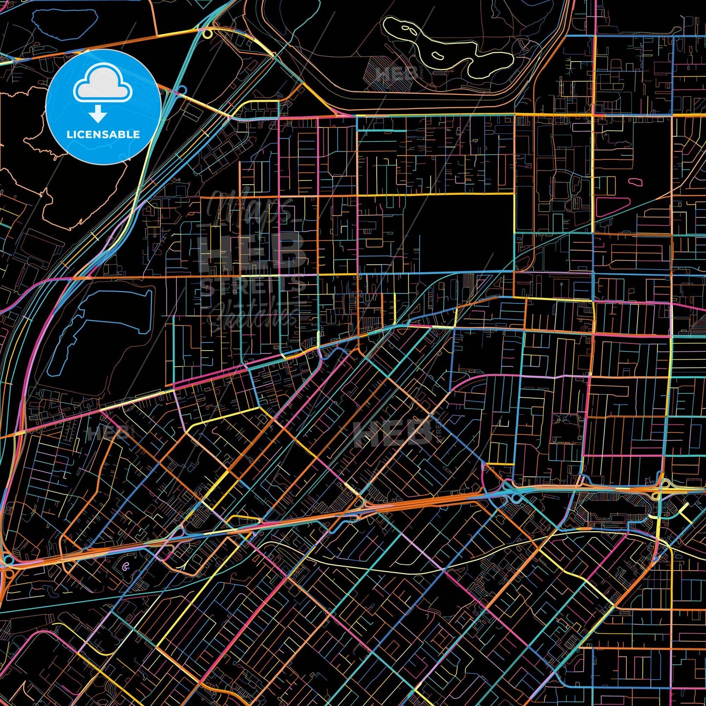 Baldwin Park, California, United States, colorful city map on black background