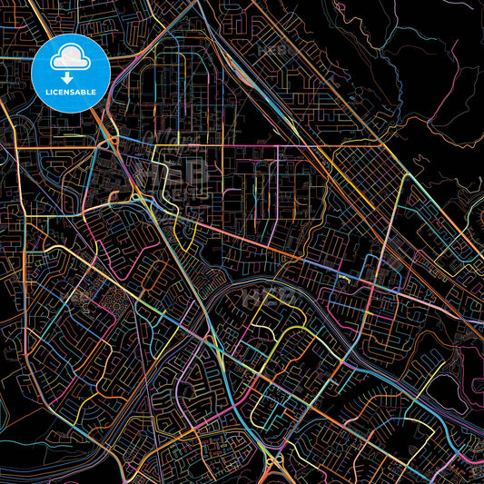 Union City, California, United States, colorful city map on black background